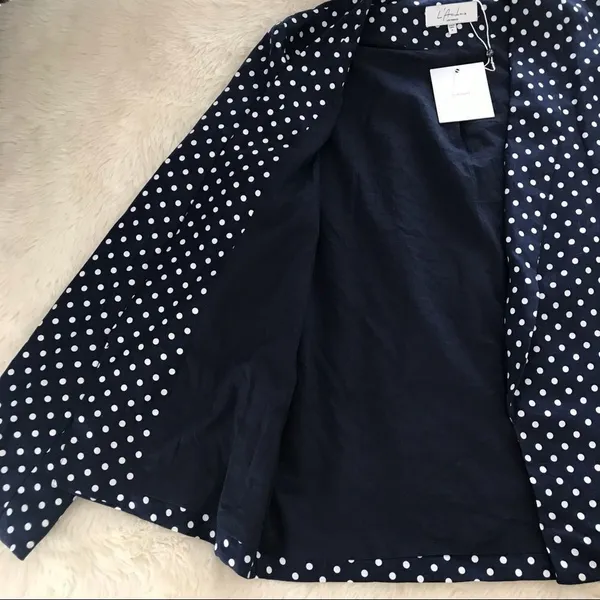 L’ACADEMIE Polka‎ Dot Linen Blazer Medium Navy Blue White Boyfriend Open Front - Image 9