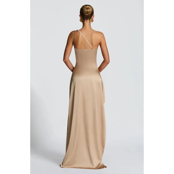 NWT Babyboo Ariel Champagne Gold Satin One Shoulder Formal Maxi Dress Size Small - Image 3