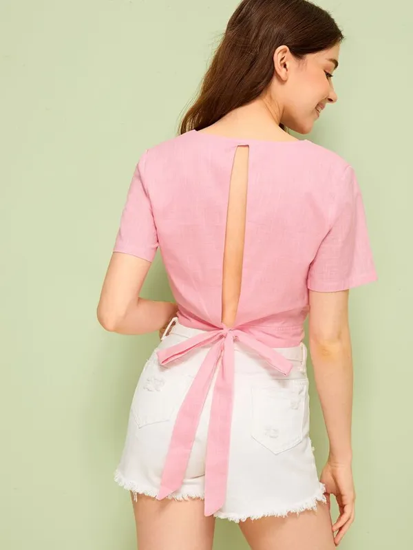 Pink Cropped Tie Shirt - Image 2