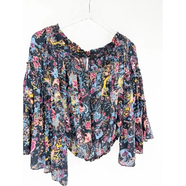 Free People Floral Off the Shoulder Bell Sleeve Blouse Women's S Boho‎ Chic - Image 4