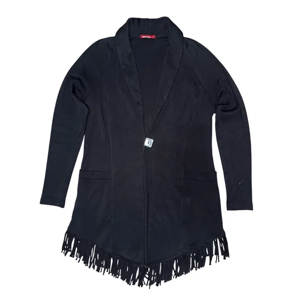 Barbara Lesser Black Fringe Cotton Knit Cardigan Minimalist Cozy Capsule Western - Image 2