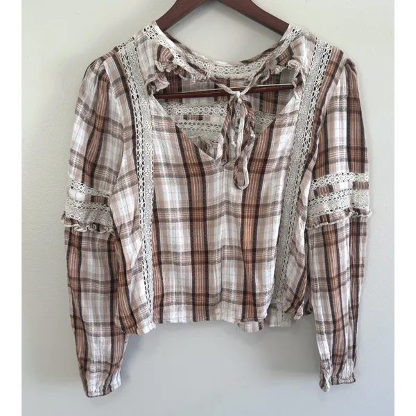 American Eagle Plaid Crochet Lace Ruffle Tie‎ Back Blouse Brown Cream Womens M - Image 4