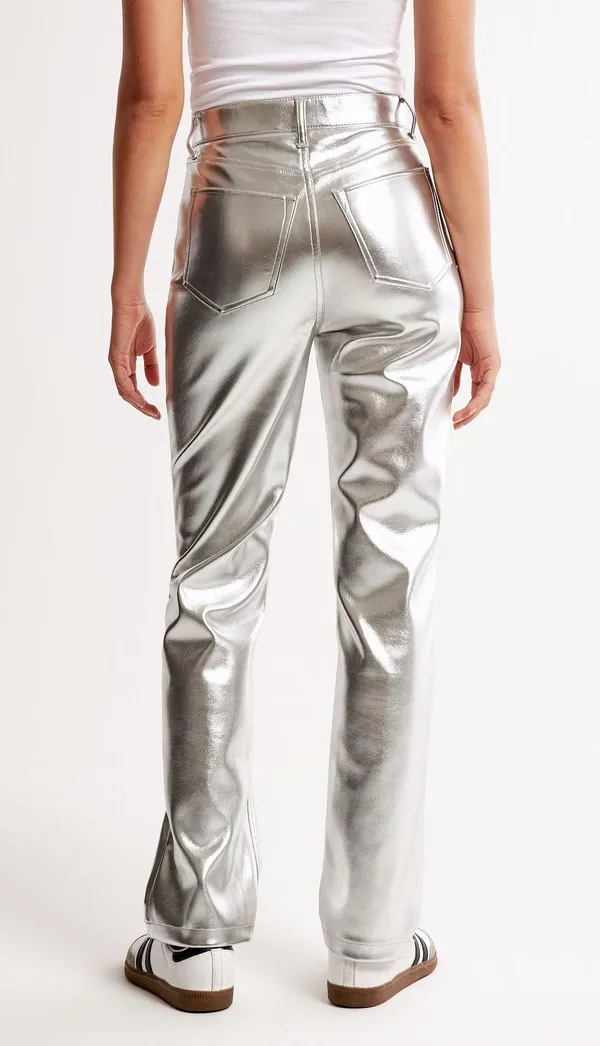 Abercrombie & Fitch Curve Love Vegan Leather 90’s Straight Pant In Silver - Image 2