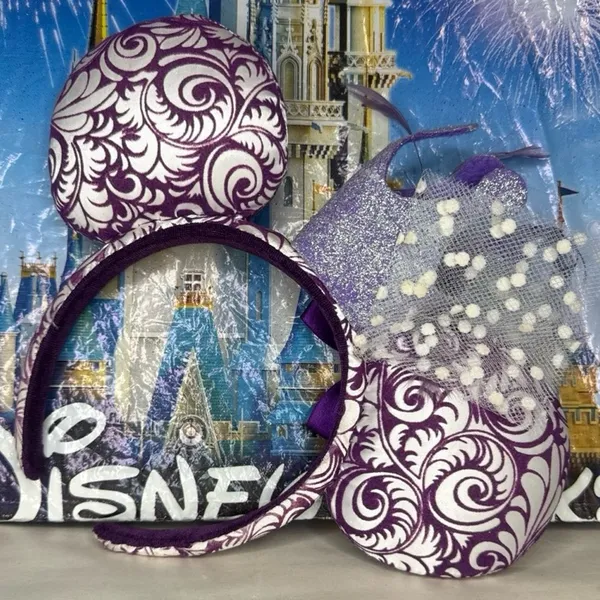Disney parks filigree Jubilee purple velvet glitter crown feathers Minnie ears - Image 2