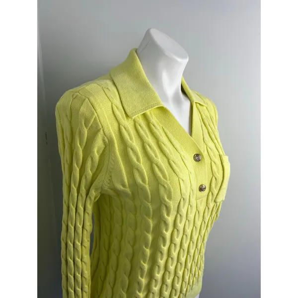 Talbot's Yellow Cable Knit Johnny Collar Pullover Sweater Preppy Old Money Small - Image 2