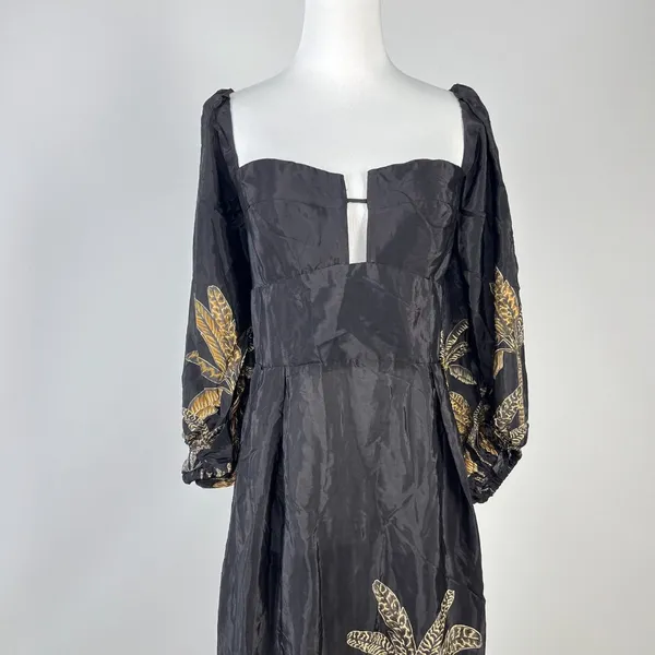 NWOT Farm Rio Maxi Dress Size S Black Print Puff Sleeves Plant Short Sleeve - Image 6
