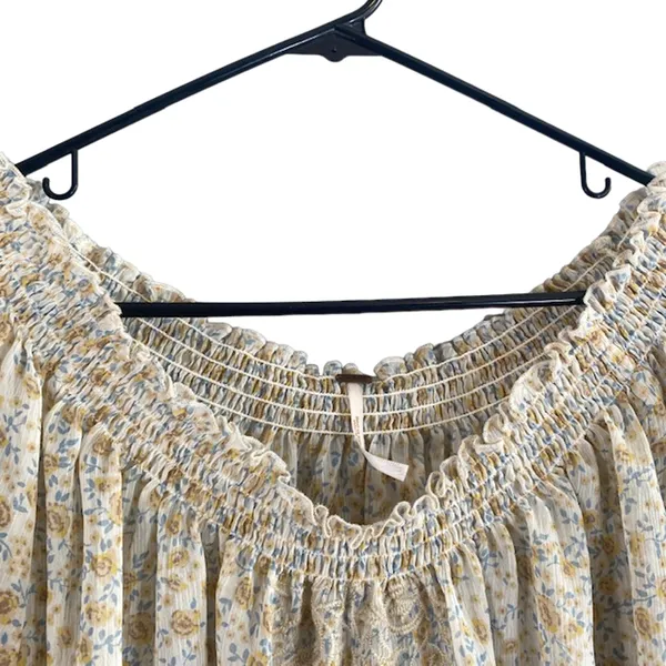 Free People Yellow Floral Wide Neck Embroidered Boho Blouse Women Sz XS - Image 6