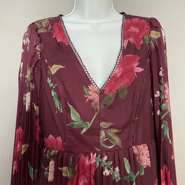 Lulus Win The Day Dress Burgundy Floral‎ Print Pleated Long Sleeve Mini V-Neck - Image 5