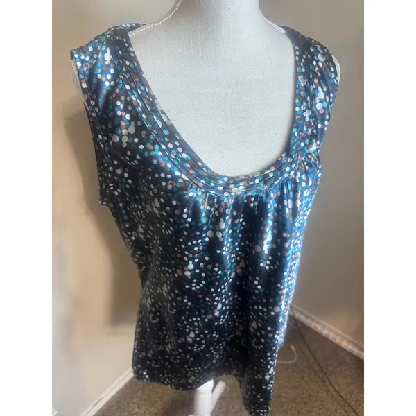 Spense Womens Blue Polka Dot Confetti Satin Sleeveless Blouse Top Large Pleated - Image 2