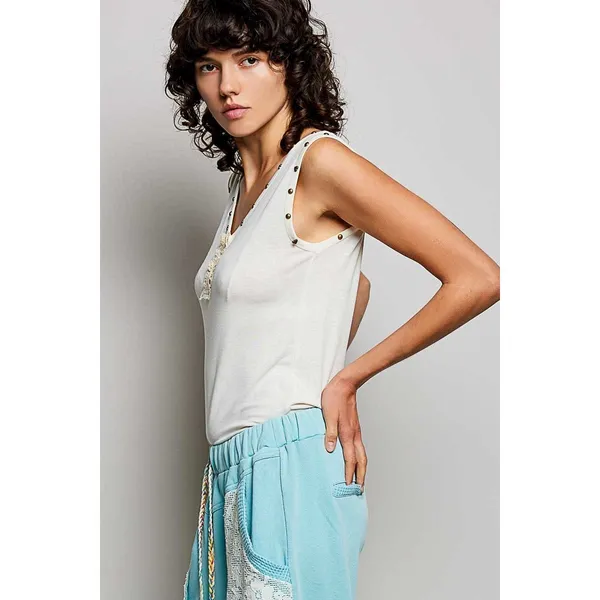 POL Studded Trim Button-Front Ruffle Detail‎ Tank - Cream - Medium - Image 3