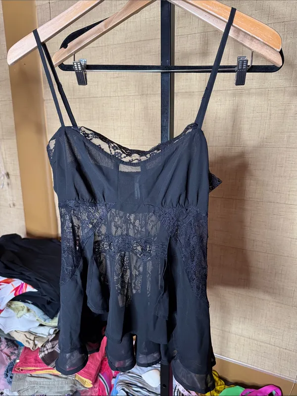 By Anthropologie Sheer Lace Ruffle Cami Top Black Size Medium - Image 5