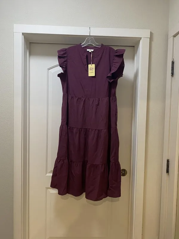 Entro Dress Womens L Purple Ruffle Tiered Flutter Sleeve Trapeze Midi - Image 2
