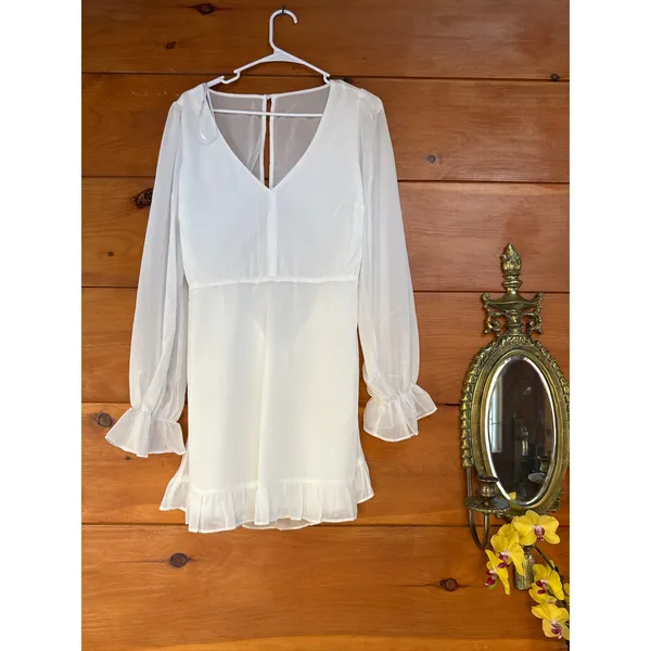NWOT Lulus Sheer Attraction White Long Sleeve Ruffled Mini Dress Cocktail Size L - Image 3