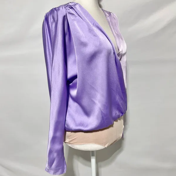 New Strut & Bolt Two Tone Satin Faux Wrap Long Sleeve Bodysuit Purple Size Large - Image 11