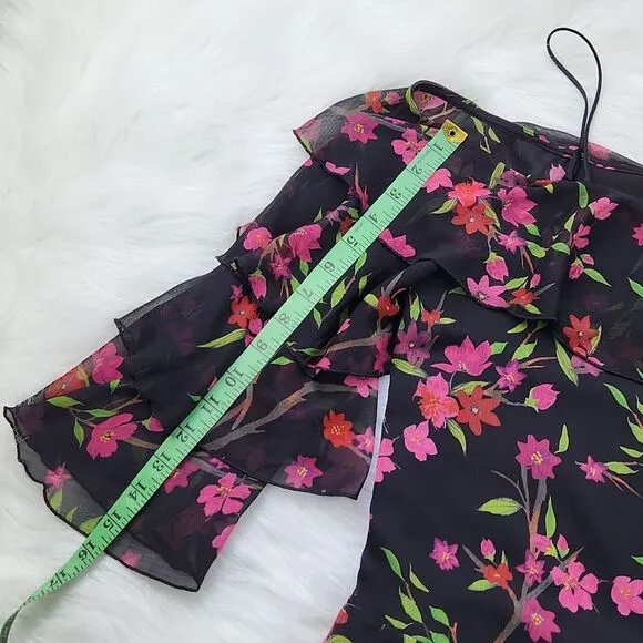 Alice + Olivia Black Floral Silk‎ Chiffon Lexis Sakura Mini Dress Off Shoulder 6 - Image 10