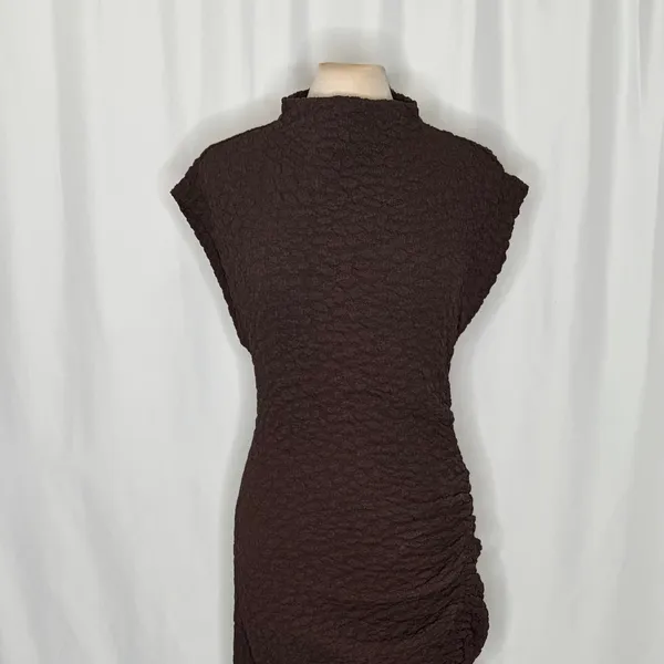 NWT!! ANTHROPOLOGIE Maya Ruched Cowl Neck Textured Midi Dress Chocolate Large - Image 3