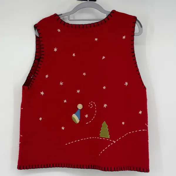 Coldwater Creek Wool Christmas Snowman Sweater Vest Women L Red Zip Y2K - Image 2