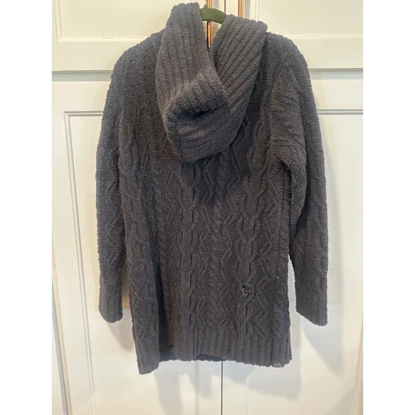 Barefoot Dreams CozyChic Cable Knit Hoodie Sweater Charcoal Gray Womens M flaw - Image 6