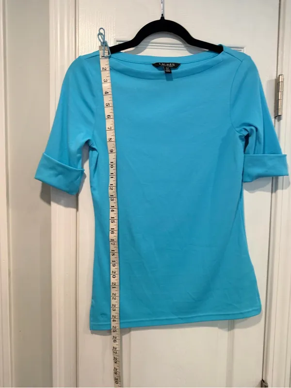 NWOT LRL Lauren Ralph Lauren Size S Blue Boat Neck Cuffed Sleeve Top Cotton - Image 6