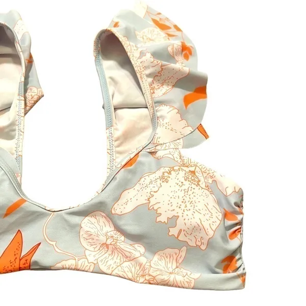 Womens Size Medium Bikini Top Light Blue White Orange Floral Birds Ruffle Straps - Image 3