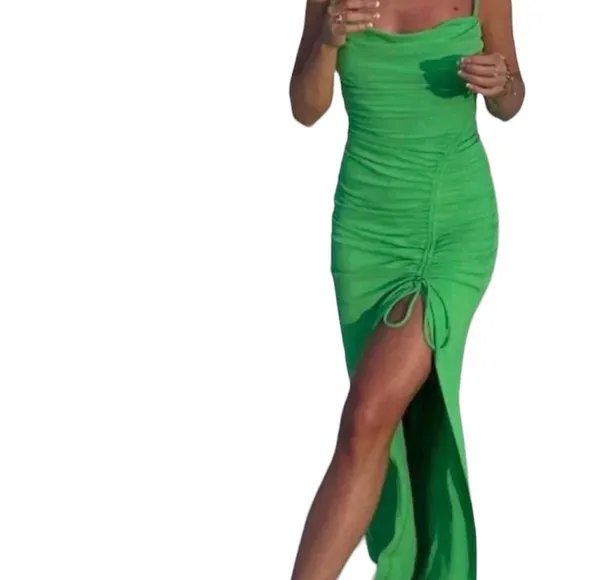 NWT Zara Green Long Bodycon Ruched Dress Draped Spaghetti Straps M Party - Image 10