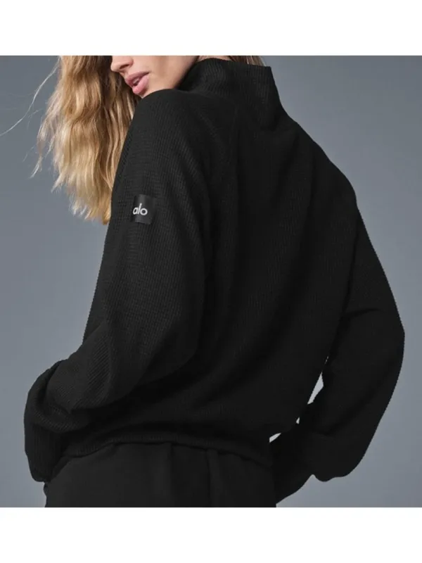 Alo Waffle Weekend Escape Mock Neck Long Sleeve Black Turtleneck Thermal Sweater - Image 2