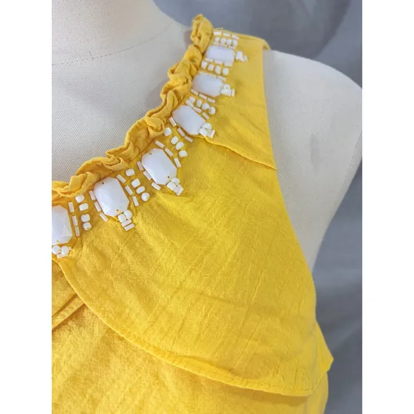 S.L. Fashions Yellow Tiered Ruffle Dress Beaded‎ Neckline 14 Vacation - Image 7