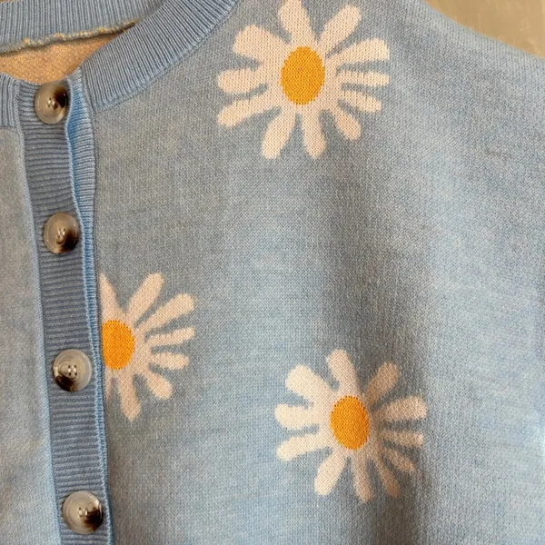 Womens Floral sky Blue Long Sleeve Ribbed Neckline Casual Sweater/Cardigan|Sz:S - Image 4