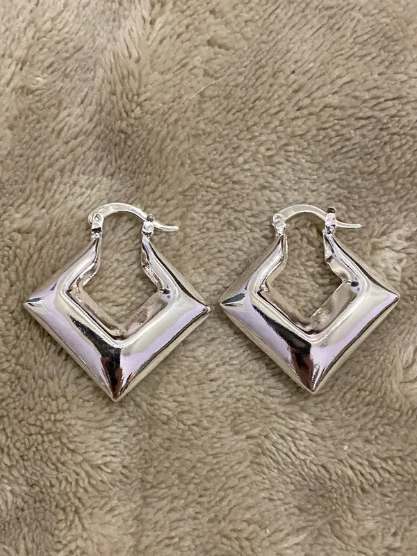 .925 Sterling Silver Geometric Hoop Earrings - Silver - Image 4
