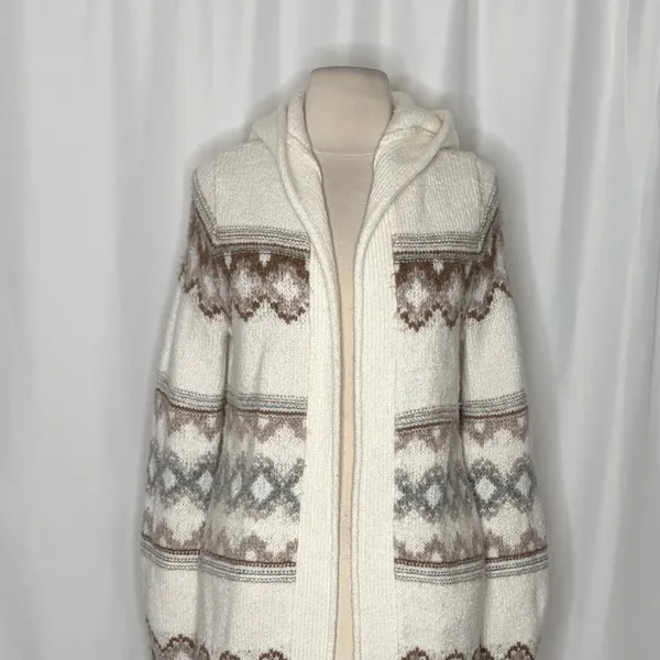 ABERCROMBIE & FITCH Fair Isle Hooded Long Cardigan Sweater Cream Fairisle XS - Image 3