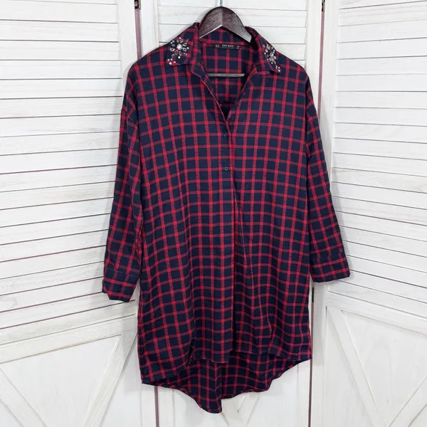 Zara Plaid Beaded Collar Oversized Pullover‎ Tunic Shirt Dress Red Blue XS - Image 10