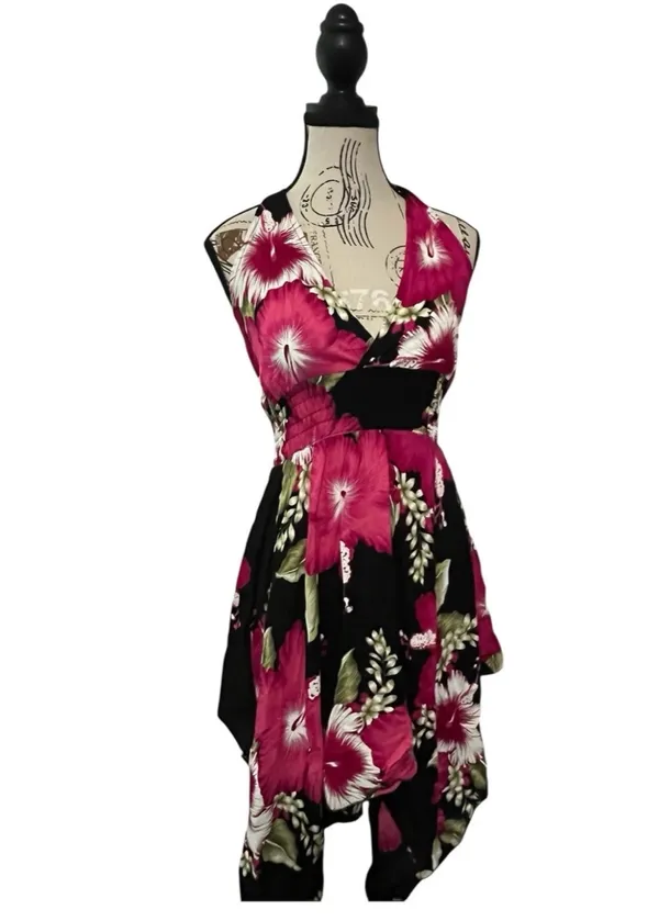 Advance Brand Y2K Hibiscus Tropical Floral Halter Dress Black Pink High Low Hem - Image 2