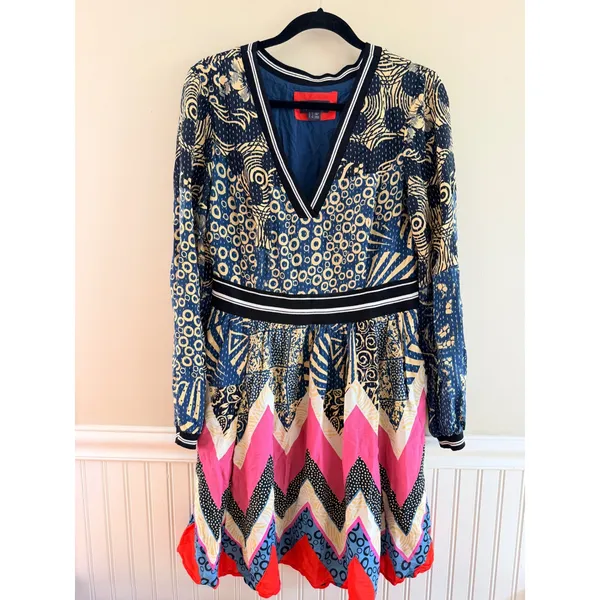Maeve Anthropologie Sporty Chevron Dress Mixed Print Kantha Fit Flare Dress 8 - Image 2