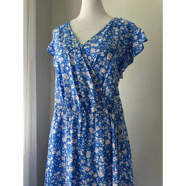 Grecerelle Blue & White Floral Print V-Neck Short Sleeve High Low Maxi Dress - Image 7