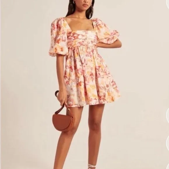 Abercrombie & Fitch Peach Floral Emerson Poplin Puff Sleeve Square Neck Mini Dress - Image 2
