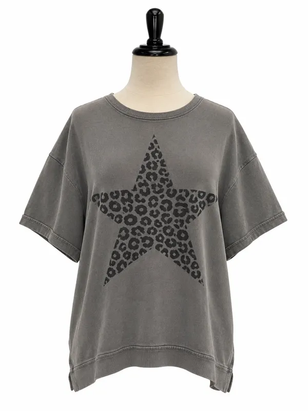 Easel Oversized Gray Star Leopard Print Top - Image 5