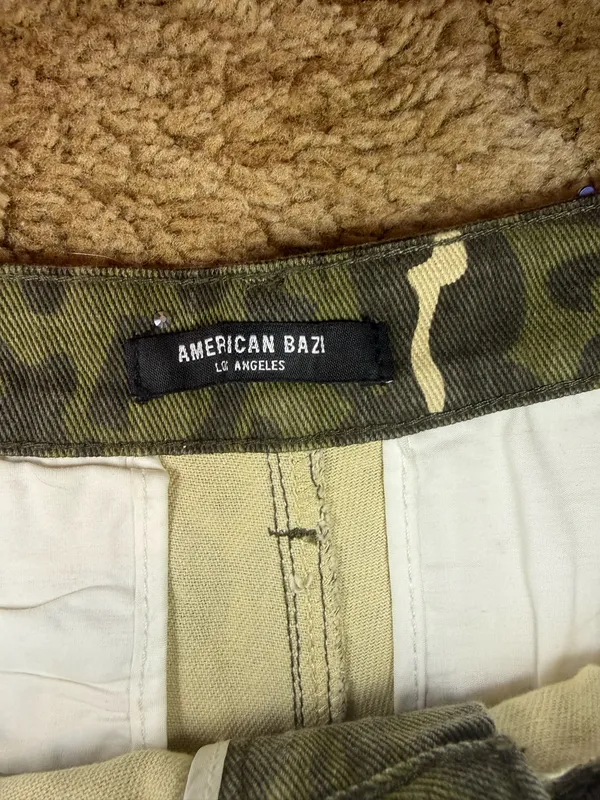 American Bazi Olive Camo Rhinestone Wide Leg Pants High Rise NWT Size L - Image 8