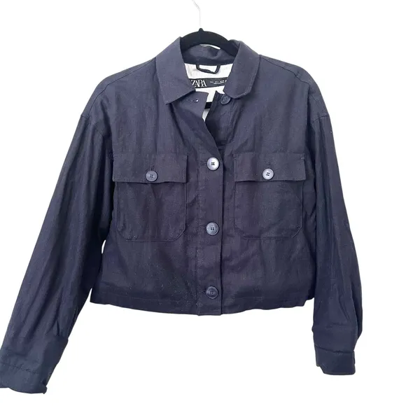 ZARA Linen‎ Short Jacket Navy Blue Medium - Image 2