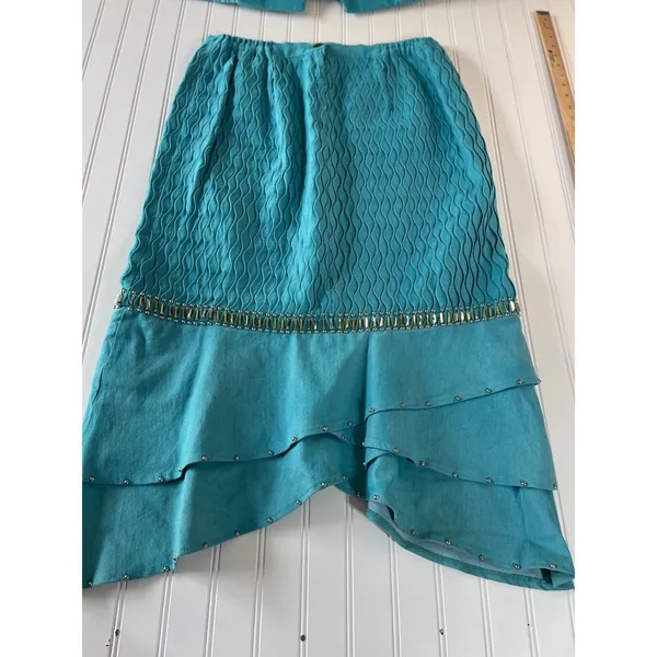 Odeliah Denim Teal Blue Smocked Studded Skirt & Jacket Set Size 16 Vintage Style - Image 5