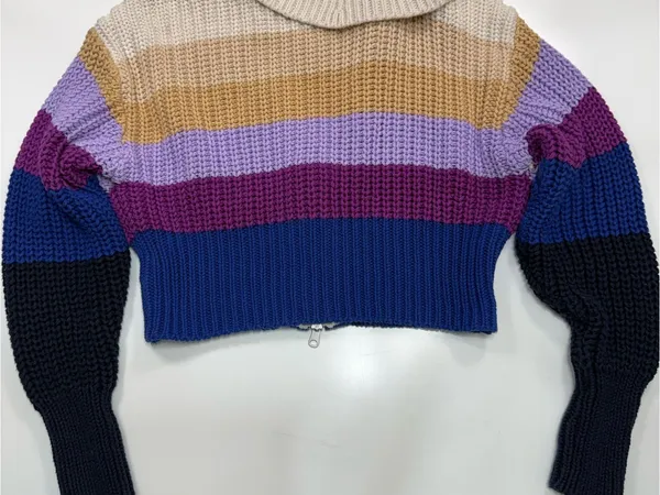 aerie 100% Cotton Cropped Zip-Up Striped Sweater in Cream, Mustard, Purple, Navy - Image 8