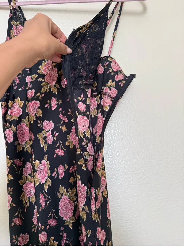 Zara Black Rose Floral Satin Maxi Slip Dress XS Lace Trim Dark Coquette Y2K - Image 4