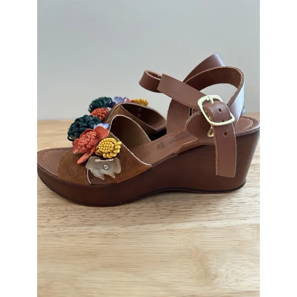 Fabio maggenti brown heel wedge leather flower accent Sz 7 boho floral See De - Image 7