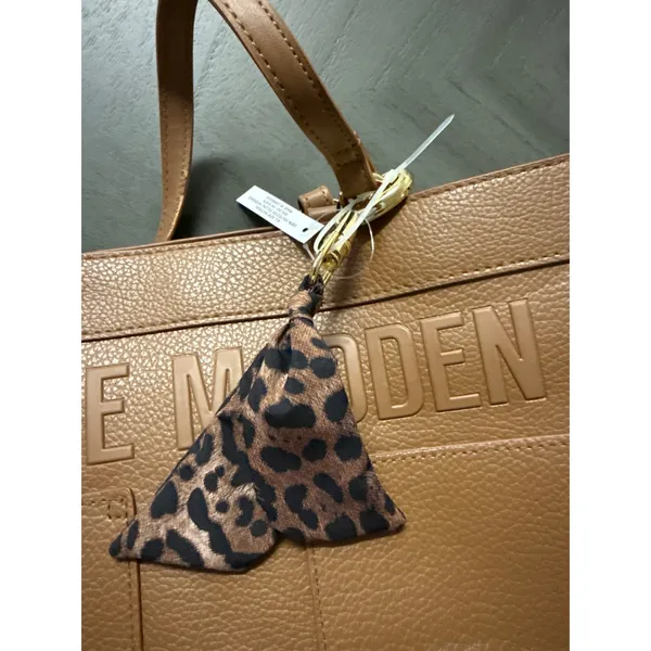 Steve Madden Cognac Brown‎ Pebbled Tote Bag Leopard Print Lining Embossed Logo - Image 9