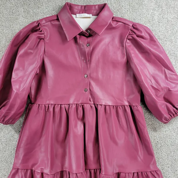 Karlie Womens Faux Leather Dress S Red Puff Sleeve Tiered Button Front Collared - Image 5
