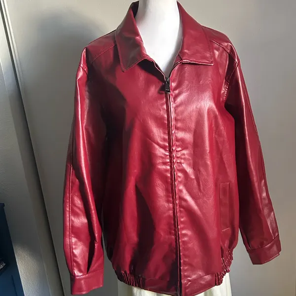 Classic Red Vegan Leather Front Zip Oversized Bomber Style Jacket - Image 10