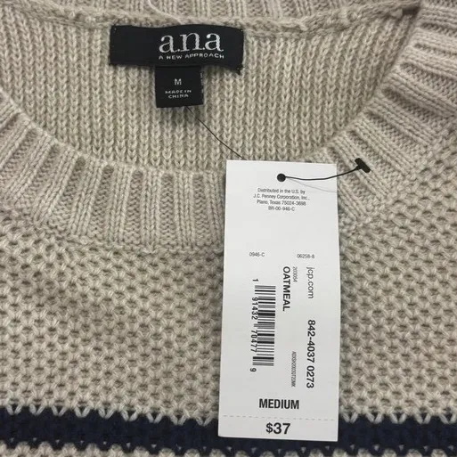 ANA A New Approach Striped Crew Neck Sweater Oatmeal Navy Blue Medium NWT‎ - Image 5