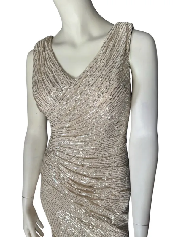 Wenkafo Double V-Neck Fit Mermaid Sleeveless Sequined Formal Champagne Sz 6 NWT - Image 2