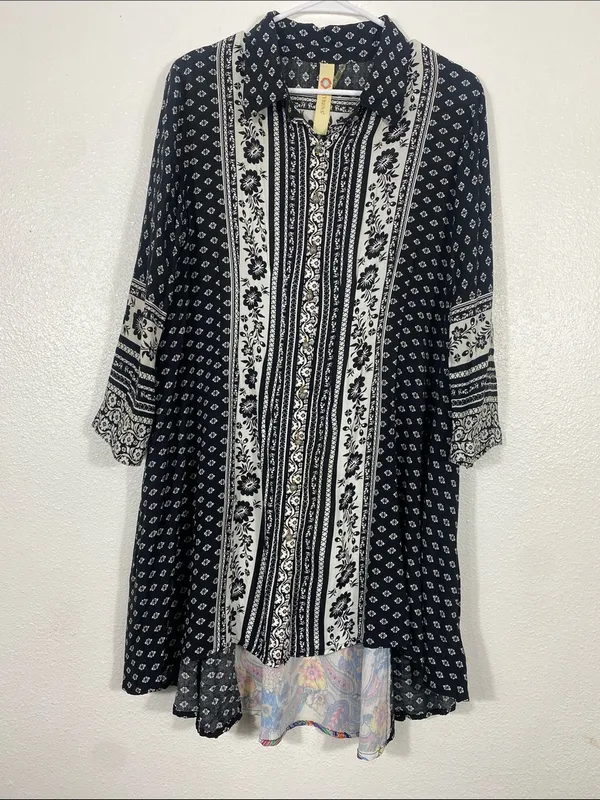 Anthropologie by Cyrena Boho Purple Printed Button-Front Mini Shirt Dress Size L - Image 5