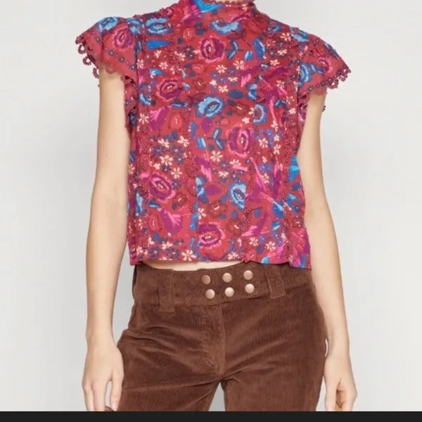 Farm Rio Floral Birds Blush Sleeveless Blouse Size XL $149 boho embroidered fall - Image 2