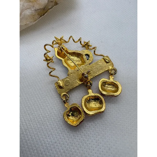 Vintage Halloween Brooch Gold Tone Black Cat Pick A Pumpkin Dangle Pin Enamel - Image 4